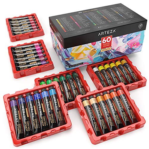 ARTEZA Acrylfarben, Set mit 60 Tuben, 22 ml Malfarbe pro Tube, hochwertige Acryl-Künstlerfarbe, zum Malen auf Leinwänden