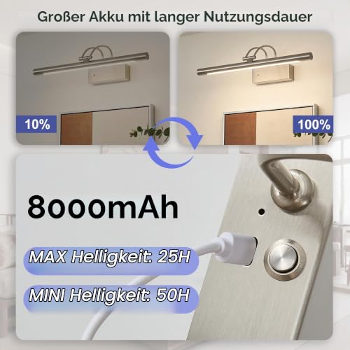 Actask Bilderleuchte Akku mit Fernbedienung, 40 cm LED Bildbeleuchtung, Sand Nickel