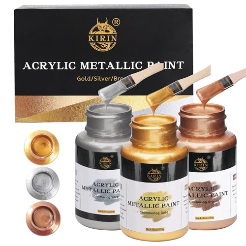 KIRIN Acrylfarben-Set Metallic Gold, Silber und Bronze, 3 x 125 g