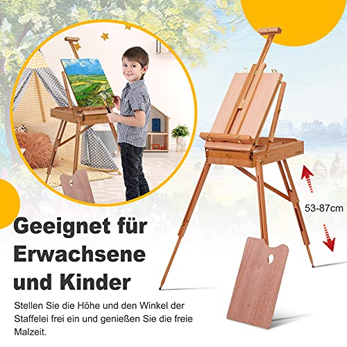 COSTWAY große Holzstaffelei 183 cm, klappbar mit Ablage, Schublade und Schultergurt