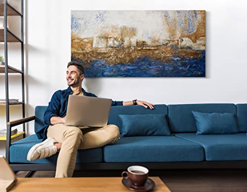 YS-Art Marine handgemalt auf Leinwand: Abstraktes Acryl Gemälde blau und Gold, minimalistisch und modern, echte Kunst für Wohnzimmer und Büro, großformatiges Wandbild maßgeschneidert 200x100 cm