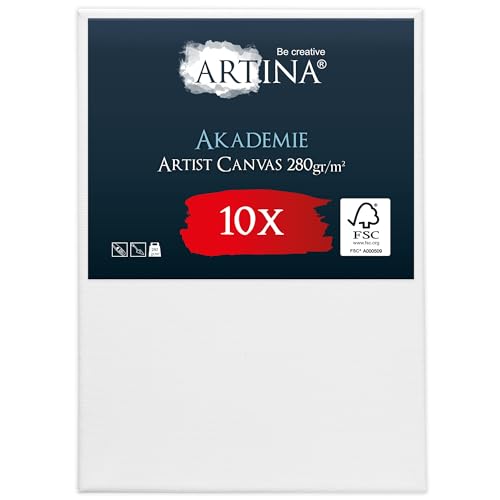 Artina FSC® Keilrahmen 10er Set Akademie 50x70 cm – Leinwand Set Maltuch aus 100% Baumwolle Leinwände 280 g/m² - Keilrahmenset Leinwand zum Bemalen für Acryl-, Aquarell-, Ölfarbe UVM
