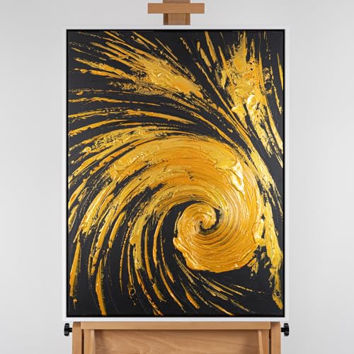 Acrylbild Abstrakt 75x100 von AUREDAS Handgemaltes Leinwand-Gemälde im Hochformat, schwarz und Gold mit Schattenfugenrahmen in Weiß für Wohn- und Arbeitsräume