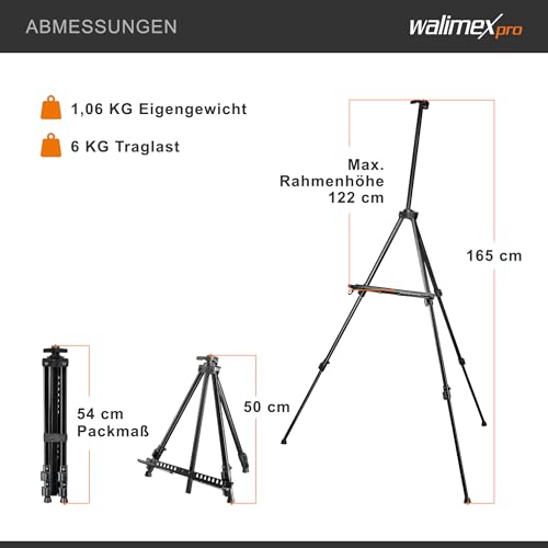Walimex pro Staffelei L 50-165cm, Aluminium I ideal als Atelierstaffelei, Tischstaffelei & Feldstaffelei I für Leinwände bis HxT: 122x4cm, bis 6kg I Ablage & Halterung für Farben & Pinsel, mit Tasche