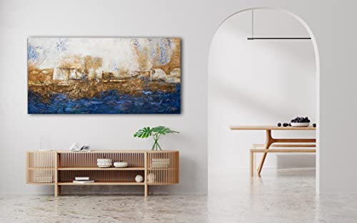 YS-Art Marine handgemalt auf Leinwand: Abstraktes Acryl Gemälde blau und Gold, minimalistisch und modern, echte Kunst für Wohnzimmer und Büro, großformatiges Wandbild maßgeschneidert 200x100 cm