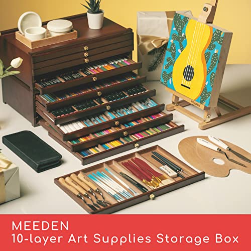 MEEDEN Holz Staffelei Walnuss mit 10 Schubladen -Große Bleistiftbox aus Buchenholz mit Schubladen und Fächern für Bleistifte, Stifte, Marker, Pinsel und Stempel
