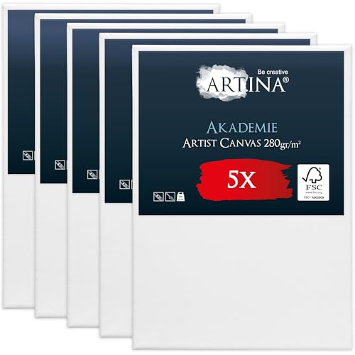 Artina Leinwandset zum Bemalen für Acryl-, Aquarell-, Ölfarbe - 5er Set Akademie 50x70 cm – Maltuch aus 100% Baumwolle - 280 g/m²