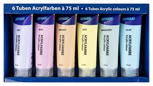 Stylex 28629 - Pastell Acrylfarben im Set, 6 Tuben á 75 ml, auf Wasserbasis hergestellt, matt, hohe Deck- und Farbkraft, lichtbeständig, schnelltrocknend und wasserfest