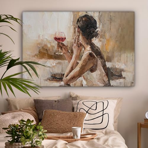 MuchoWow© Leinwand Groß 120x80 cm XXL Deko Schlafzimmer Aesthetic Leinwandbilder Wohnzimmer Gemälde Foto Geschenk Living Room Decoration Moderne Kunstdruck Wanddeko - Ölfarbe - Frau - Wein