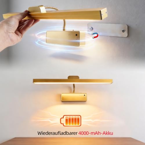da LIGHT Akku Bilderleuchte kabellos, dimmbar, mit Fernbedienung, gold