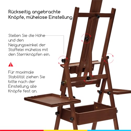 MEEDEN große Holzstaffelei aus Buchenholz mit Stauraum, H-Gestell, dunkel Nussbaum