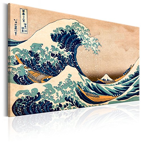 B&D XXL - Wandbilder XXL die große Welle vor Kanagawa 120x80 cm 1 tlg Wand Deko Leinwand Bilder Groß Bild Wanddeko Wohnzimmer Schlafzimmer Kunstdrucke Art - Katsushika Hokusai wie gemalt p-B-0009-b-a