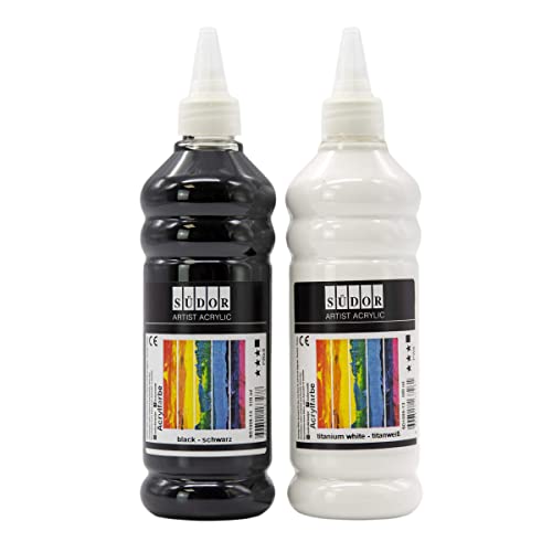 ACRYLFARBEN-SET 500 + 500 ml, Total 1000 ml. Hochpigmentierte und deckende Acrylfarbe, Hochwertige Künstler-Malfarben, Acryl-Farben-Set zum Bemalen und Basteln. Wasserfest (DUO-1 (Schwarz, Weiß))