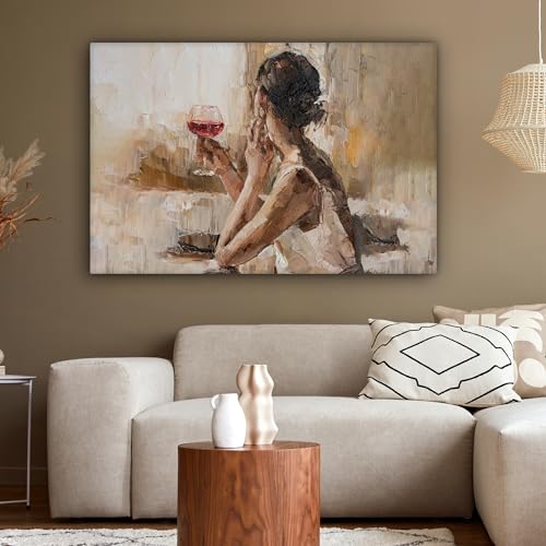 MuchoWow© Leinwand Groß 120x80 cm XXL Deko Schlafzimmer Aesthetic Leinwandbilder Wohnzimmer Gemälde Foto Geschenk Living Room Decoration Moderne Kunstdruck Wanddeko - Ölfarbe - Frau - Wein
