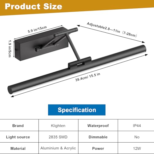 Klighten LED Spiegellampe Bad 40 cm, 12 W, 4000 K, schwarz
