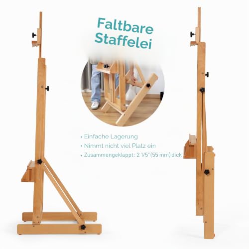 VISWIN Staffelei Groß H-Rahmen 135-231 cm H, Hält Leinwände bis zu 198 cm, Premium Atelierstaffelei Groß aus Buchenholz mit Breiterer Ablage, Leinwand Ständer für Malen, Künstler, Erwachsene