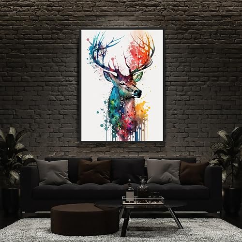 Blue Booms Hirsch Abstrakt Bunt in Wasserfarben-Stil Hochformat LEINWAND 80x120 Ohne Rahmen