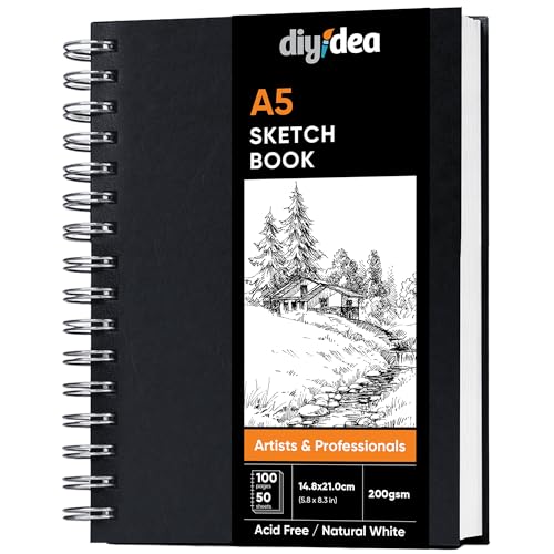 DIYIDEA Skizzenbuch A5 mit 200 g/m², 100 Seiten, Spiralbindung, Hardcover, Schwarz