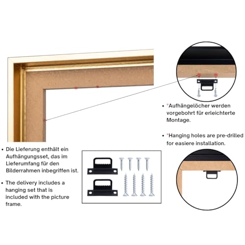 CLAMARO 'SFR35' Schattenfugenrahmen für 60x80 cm Keilrahmen | Gold | MDF-Holz Bilderrahmen für Keilrahmen Leinwände inkl. Aufhänger und Montagematerial