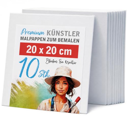 10 Stk. 20x20cm Künstler-Leinwand Malkarton, Malpappen zum bemalen, das leere weiße Leinwandpanel ist aus 100% Baumwolle, 2-fach weiß grundiert und 3mm stark - zum Malen für Profis, Kinder, Hobby