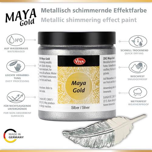 Viva Decor Maya Gold 250ml (Silber) - Metallic-Acrylfarbe für kreative Werke auf Holz, Glas und Porzellan. Stoßfest, wischfest und wetterfest für glänzende Metall- / Metallic Effekte