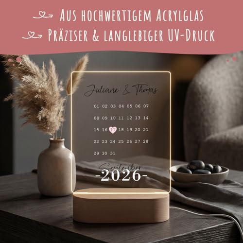 GRAVURZEILE Beleuchtetes Acrylglas - Kalender mit Jahrestag - Personalisierte mit Namen & Datum - Pärchengeschenk zum Jubiläum - Geschenk zur Hochzeit Valentinstag für Sie & Ihn - Farbe: Schwarz