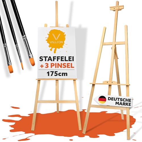 Höhenverstellbare VALLEON Staffelei aus Holz mit flexibler Konstruktion für Kinder und Erwachsene bis 130 cm Leinwanddiagonale inklusive 3 Pinsel