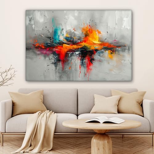 MuchoWow© Leinwandbild Groß 120x80 cm XXL Dekoration Wohnzimmer Bilder Pictures Wall Decoration Living Room Wohnungs Deko Moderne Bild Modern - Kunst - Orange - Grau - Abstrakt
