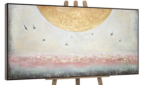 YS-Art Acryl Gemälde auf Leinwand handgemalt: Sonnenenergie. Moderne Wandbilder für Wohnzimmer und Büro, Horizont mit Vögeln, echte Kunst mit Rahmen 100x50 cm