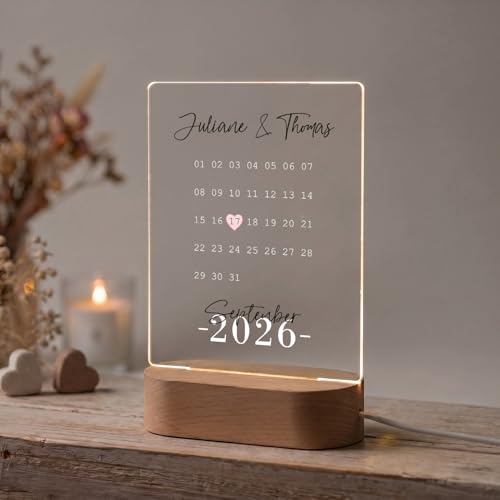 GRAVURZEILE Beleuchtetes Acrylglas - Kalender mit Jahrestag - Personalisierte mit Namen & Datum - Pärchengeschenk zum Jubiläum - Geschenk zur Hochzeit Valentinstag für Sie & Ihn - Farbe: Schwarz