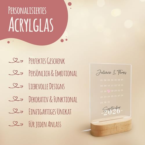 GRAVURZEILE Beleuchtetes Acrylglas - Kalender mit Jahrestag - Personalisierte mit Namen & Datum - Pärchengeschenk zum Jubiläum - Geschenk zur Hochzeit Valentinstag für Sie & Ihn - Farbe: Schwarz