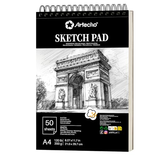 Artecho Skizzenbuch A4, 50 Blatt, 200 g/m², Spiralbindung, Hardcover, Schwarz
