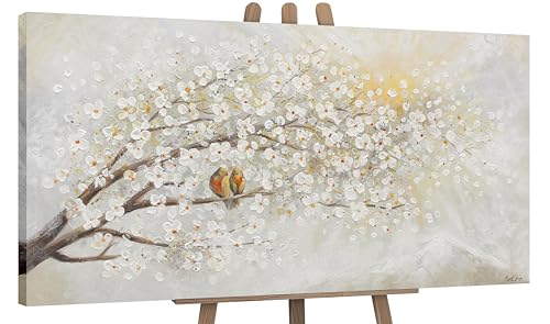 YS-Art – Handgemaltes Acrylgemälde „Sonnenaufgang“ mit Kirschblüten – Abstrakte Kunst auf Leinwand – 100×50 cm – Modernes Wandbild für Wohnzimmer & Bür
