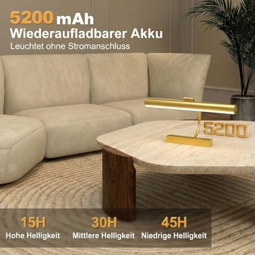 Gresonic kabellose Bilderleuchte Akku, 42 cm, 3 Lichtfarben, dimmbar, Gold