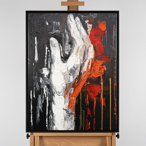 AUREDAS Handgemaltes Acryl-Gemälde auf Leinwand 60x80 – Hochformat in Rot, Weiß, Schwarz mit Rahmen in Schwarz – Wandbild Feuer Hand Abstrakt für Wohnzimmer, Schlafzimmer, Büro,Flamme des Willens
