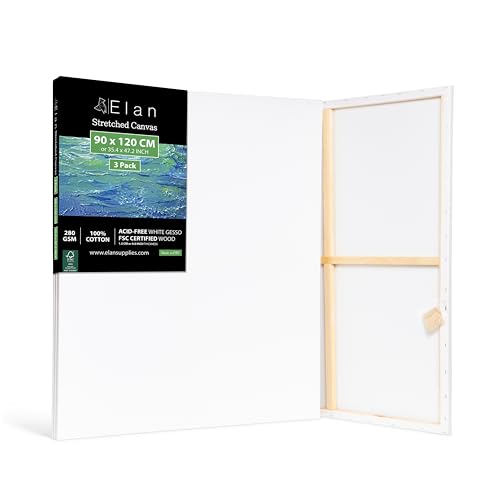 Elan Keilrahmen Leinwand 90x120 3er Set, 100% Baumwolle Leinwand zum Bemalen Groß, Leinwände für Acrylfarben 280GSM, Leinwände Groß, Keilrahmen 90x120