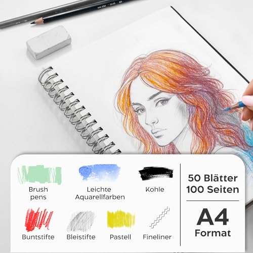 Zenacolor A5 Skizzenbuch mit 200 g/m² Papier, 100 Seiten, Spiralbindung