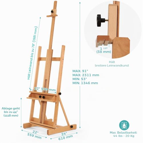 VISWIN Staffelei Groß H-Rahmen 135-231 cm H, Hält Leinwände bis zu 198 cm, Premium Atelierstaffelei Groß aus Buchenholz mit Breiterer Ablage, Leinwand Ständer für Malen, Künstler, Erwachsene