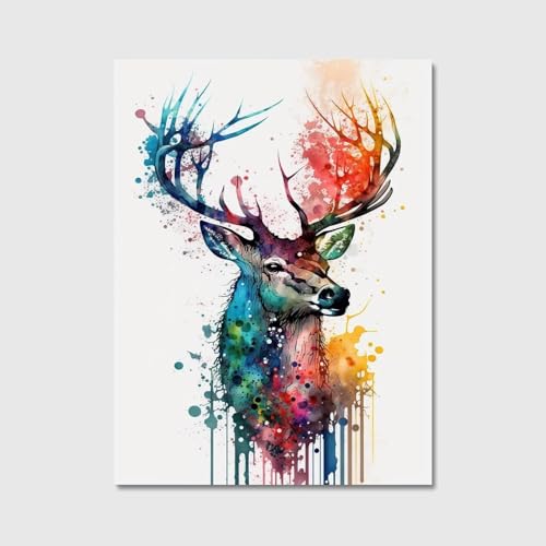 Blue Booms Hirsch Abstrakt Bunt in Wasserfarben-Stil Hochformat LEINWAND 80x120 Ohne Rahmen
