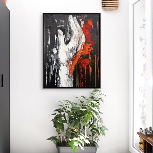 AUREDAS Handgemaltes Acryl-Gemälde auf Leinwand 60x80 – Hochformat in Rot, Weiß, Schwarz mit Rahmen in Schwarz – Wandbild Feuer Hand Abstrakt für Wohnzimmer, Schlafzimmer, Büro,Flamme des Willens