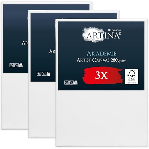 Keilrahmen Leinwand zum Bemalen 50x70 cm – Artina FSC® 3er Set bespannte Keilrahmen Leinwände zum malen für Acrylfarben Canvas 100% Baumwolle – Acryl Leinwand Rahmen