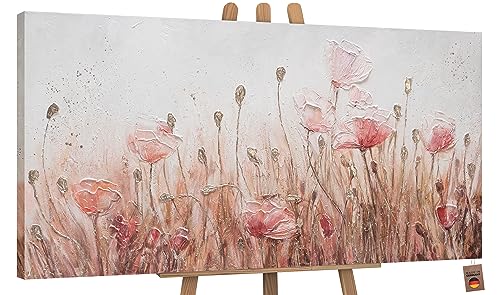 YS-Art – Handgemaltes Acrylgemälde „April“ als Panorama (140×70 cm) – Beige Mohnblumen auf Leinwand – Abstrakte Kunst – Modernes Wandbild für Wohnzimmer, Büro & Praxis