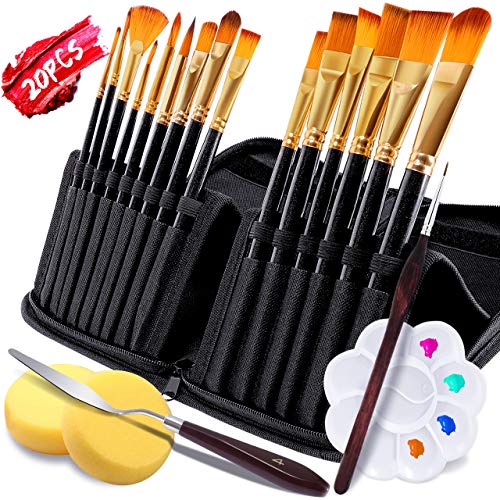 Pinselset Malen 20 Stück, RATEL Acrylfarben mal Pinselset, Künstlerpinsel Einschließlich 15 Bürste, Mischpalette, 2 Schwamm, Spachtel, Detail Malpinsel, Für Körperbemalung, Acryl, Aquarell