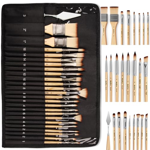 Nicpro 26 Stück Pinsel Set, Expertenqualität, Künstlerpinsel Pinselset Acrylfarben Pinsel, mit Leinwand Tragetasche und Spachtel für Acryl, Öl, Aquarell, Gouache Malerei, Erwachsene und Kinder