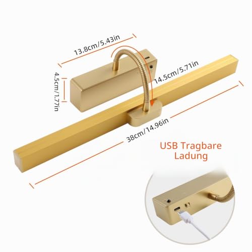 da LIGHT Akku Bilderleuchte kabellos, dimmbar, mit Fernbedienung, gold