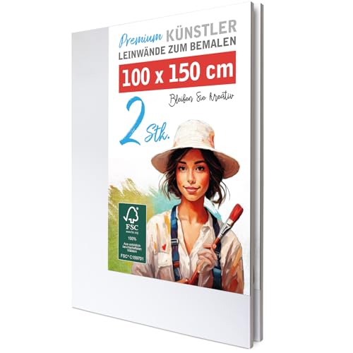 M MERCEO 2 Stück XXL Leinwand zum Bemalen - 100 cm x 150 cm - Leinwand Set für Malerei - große leere Leinwandpaneele für Künstler - Leinen-Rahmen 100% Baumwolle 380 g/m² 2-fach weiß grundiert