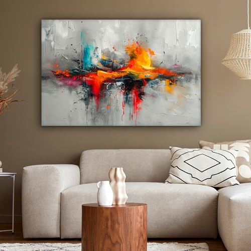 MuchoWow© Leinwandbild Groß 120x80 cm XXL Dekoration Wohnzimmer Bilder Pictures Wall Decoration Living Room Wohnungs Deko Moderne Bild Modern - Kunst - Orange - Grau - Abstrakt