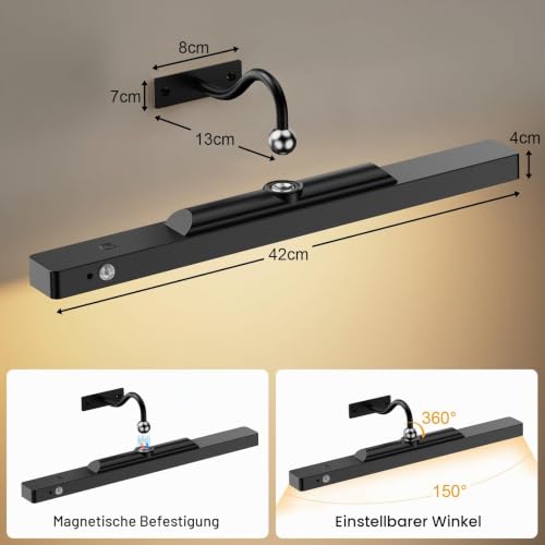 ceshu 40 cm Bilderleuchte kabellos mit Bewegungssensor, 6000-mAh-Akku, dimmbar