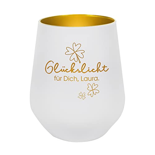 Herz & Heim® – Graviertes Windlicht „Glückslicht“ mit Wunschtext – Persönliche Geschenkidee (Standardgröße)