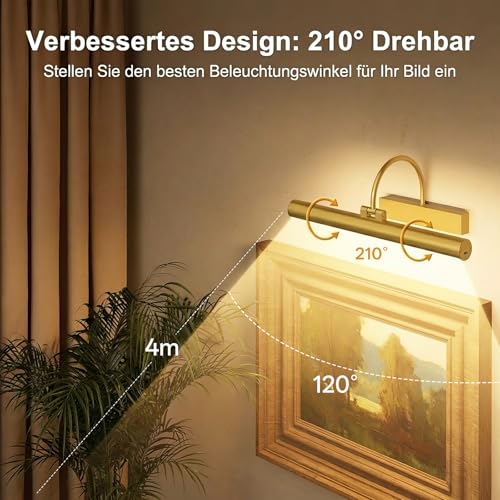 Gresonic kabellose Bilderleuchte Akku, 42 cm, 3 Lichtfarben, dimmbar, Gold